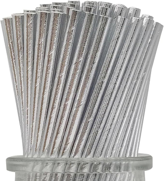 Solid Metallic Silver Paper Straws, 7.75" x 0.24", Box of 100 Extra Durable Disposable Foil Silver Drinking Straws for Wedding Party Decoration