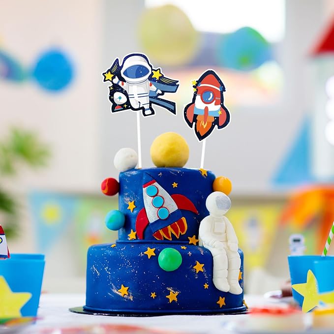 Whaline 72Pcs Outer Space Cupcake Topper 12 Designs Astronauts Rockets Spacecraft Cupcake Picks Out of Space Food Picks with Sticks Glue Point for Birthday Space Theme Party Supplies Cake Decor