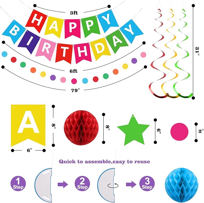 meowtastic Birthday Decorations, Happy Birthday Banner with Honeycomb Balls, Stars Hanging Swirls Streamers, Circle Dots Garland, Happy Birthday Party Decorations for Women Men Boys Girls (Rainbow)
