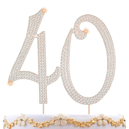 40 Cake Topper 40th Anniversary Birthday Wedding Diamond Cake Topper for Women Bling Rhinestone Cake Decoration Party Supplies Keepsake, Rose Gold