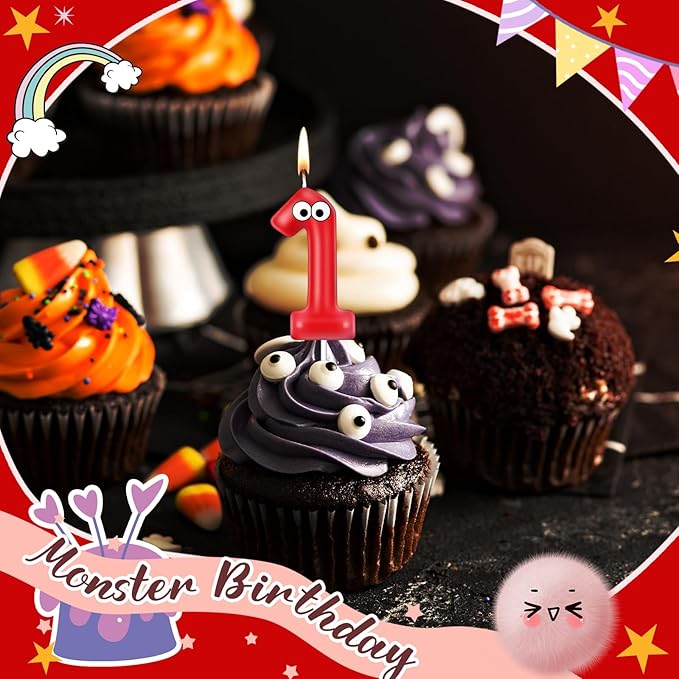 MTLEE Number Birthday Candle Monster Theme Candles Cookies Cake Topper for Girl Boy Cartoon Birthday Party Cake Decorations Supplies(Red,Number 1)