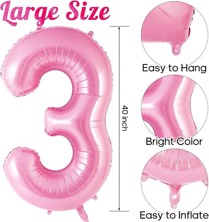 Pink Number 3 Balloon 40 inch, Big Large Foil Helium Number Balloons, Jumbo Giant Mylar Number 3 Balloons for 3 Third Birthday Party Decorations Supplies Anniversary Celebration