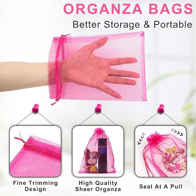 ANZNKU 100 Pcs Sheer Organza Bags 6x9 inches Mesh Drawstring Bag, Small Mesh Bag for Gifts, Large Organza Bags Drawstring for Wedding Mother's Day Party Favor Gift (Hot Pink)
