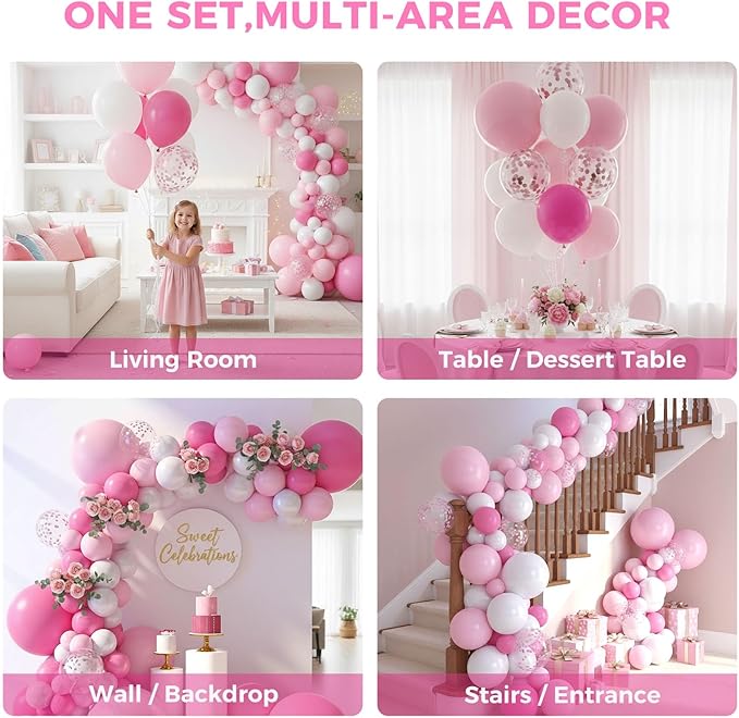 LovesTown 150 PCS Pink White Balloons Different Size of 18 12 10 5 Inch, Pink Confetti Balloons with Ribbons for Birthday Bridal Shower Wedding Gender Reavel Bachelorette Princess Party Decoration