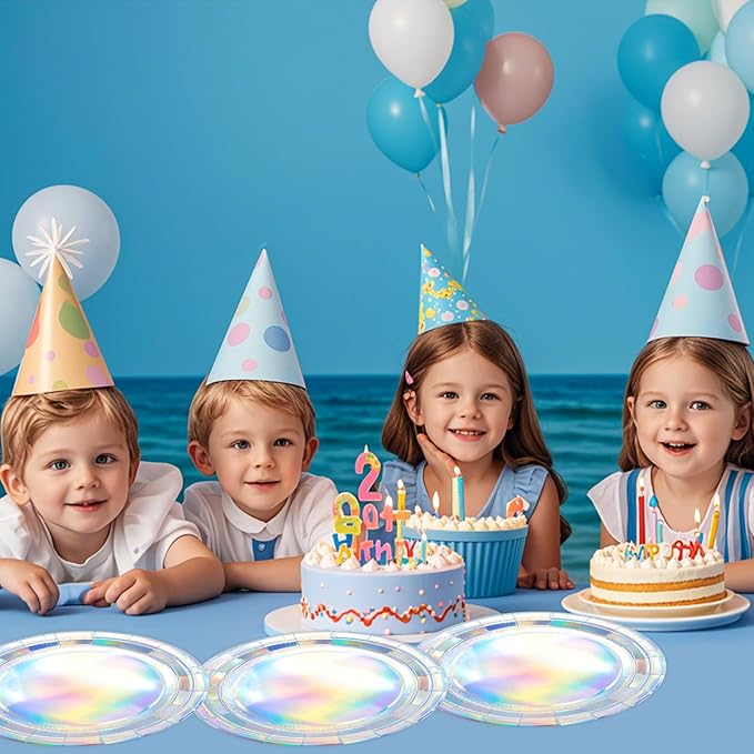 72Pcs Iridescent Silver Plates and Napkins Party Supplies, Holographic Disposable Paper Plates Napkins with Forks Tableware Set for Mermaid Birthday Wedding Iridescent Party Decorations