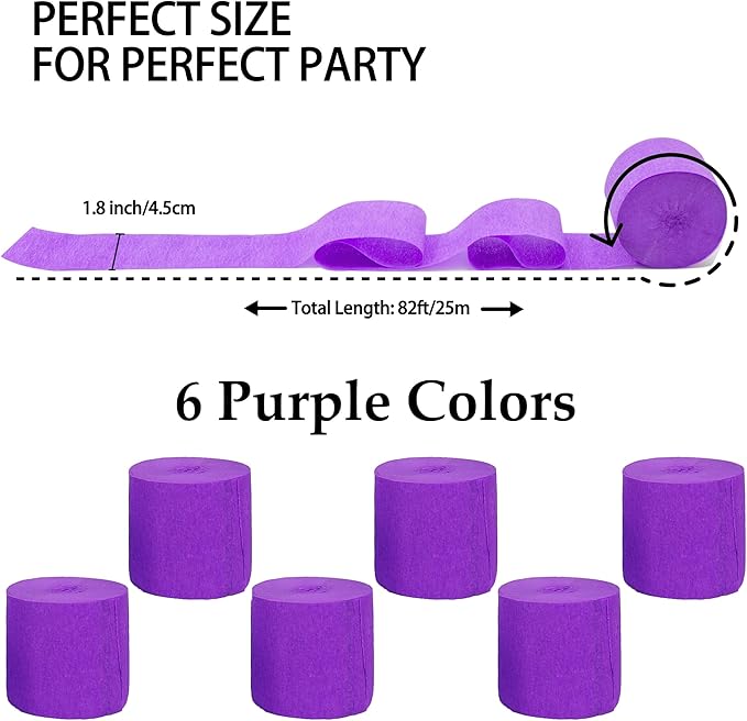 6 Rolls 492ft Colorful Crepe Paper Streamers,Pack of Paper Party Streamers for Purple Party Decorations, Birthday Decorations, Halloween Decorations(1.8 Inch x 82 Ft/Roll)