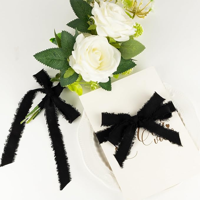 Black Cotton Ribbon 5/8 Inch Black 3 Rolls 21 Yards Frayed Edge Fabric Set for Wedding Decor, Graduation Party, Gift Wrapping, Gothic Party & Halloween Decor