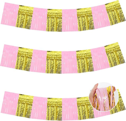 BEISHIDA 3 Packs Metallic Foil Fringe Garland Macaron Pink Gold Wall Hanging Tinsel Fringe Banners for Car Floats Bridal Shower Wedding Birthday Graduation Holiday Party Decoration(30 Feet)