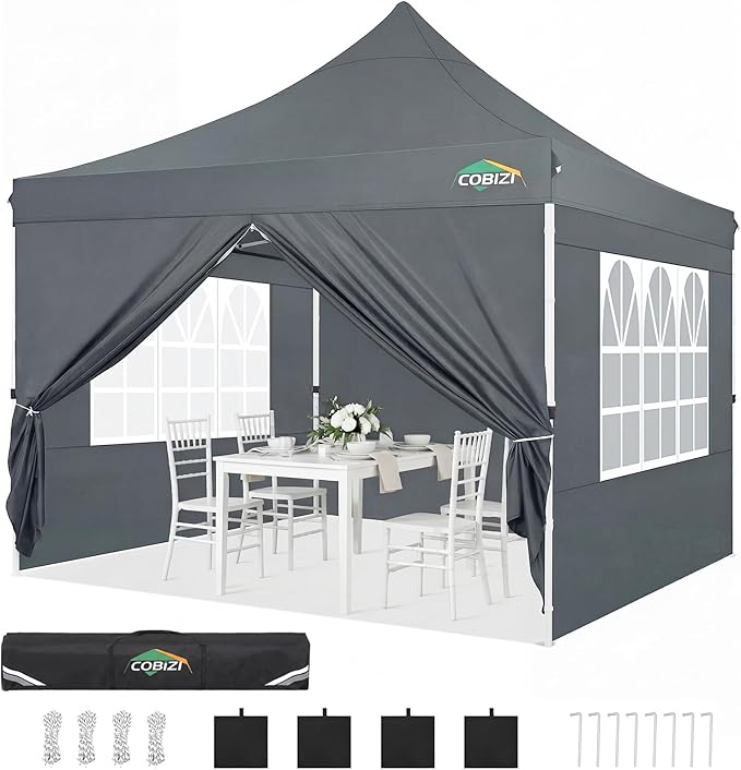 COBIZI 10x10 Pop Up Canopy with 4 Sidewalls, Canopy Tent 10x10 for Parties, Backyard, Commercial, Waterproof and Portable Instant Shelter UV50+ Outdoor Gazebo with 4 Sandbags(Light Gray)