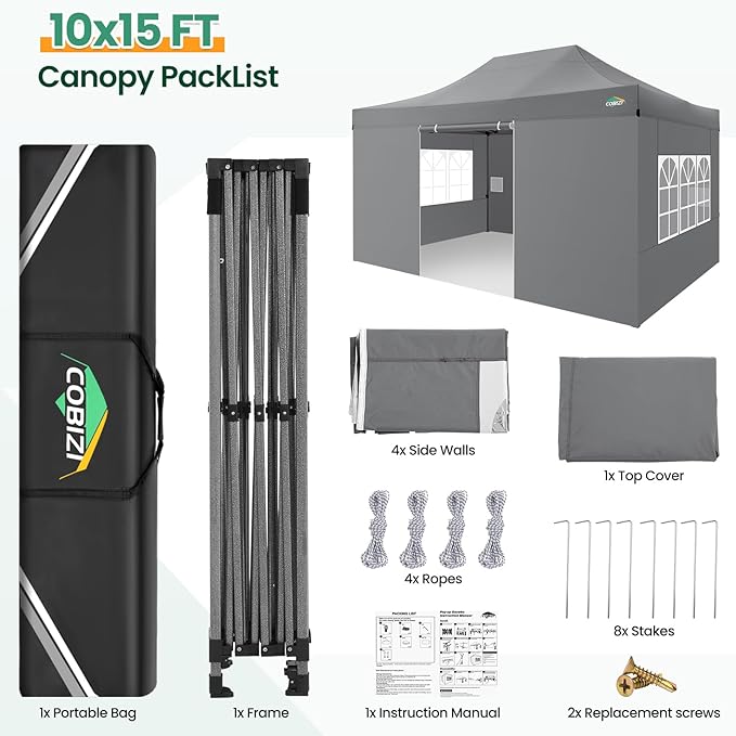 COBIZI 10x15 FT Heavy Duty Pop up Canopy with 4 Removable Sidewalls, Easy up Gazebo High Stability, All Weather Sunshade 100% Waterproof Outdoor Canopy Tents with Carry Bag, Gray