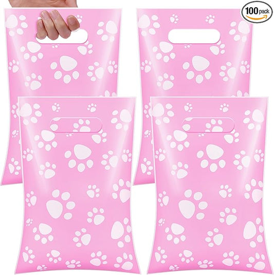 Pasimy 100 Pcs Dog Paw Gift Bags Bulk Pet Paw Puppy Plastic Treat Favor Candy Goodie Bags with Handle for Dog Birthday Party Decoration Supplies(Pink,White)