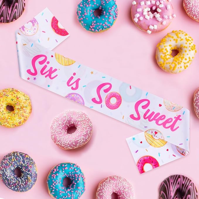 Donut 6th Birthday Party Favor Sash for Girl Six Is So Sweet Satin Sash Sweet Doughnut Theme Birthday Decoration for Birthday Girl Party Outfit Photo Prop Celebration Accessory