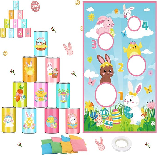 Hollowfly 19 Pcs Easter Can Bean Bag Toss Games Bunny Toss Cornhole Festive Party Throwing Easter Carnival Game Set for Family Outdoor Gatherings Birthdays Party Activities