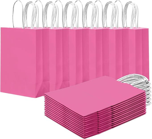 qiqee 24PCS Small Gift Bag with Handles Bulk 8.3"x6"x3" Gift Bags Pink Bags Multiple Uses (Small Size)