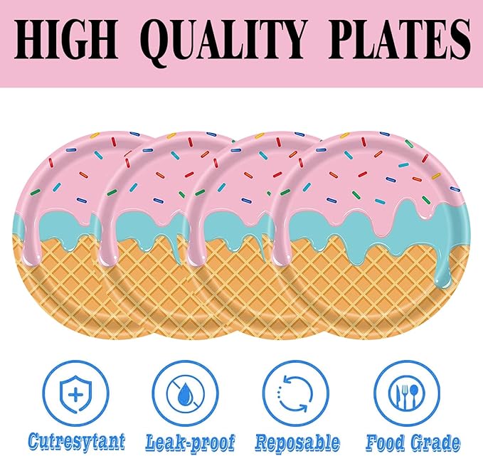 40 Pcs Ice Cream Plates and Napkins Party Supplies,Disposable Ice Cream Paper Plates and Napkins Tableware Set for Birthday Baby Shower Sweet Summer Ice Party Serve 20 Guests