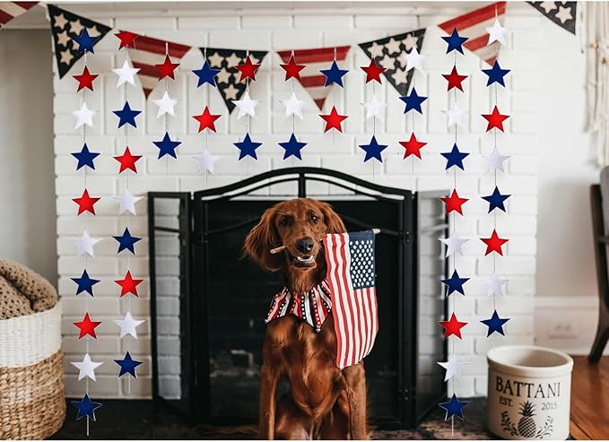 Yzurbu 4th of July Decorations, Red White & Blue Decorations, 78ft Patriotic Star Garland, 6 Strings Star Streamers Banner Hanging Decoration, Labor Day, Patriot Day, Memorial Day, Party Decor