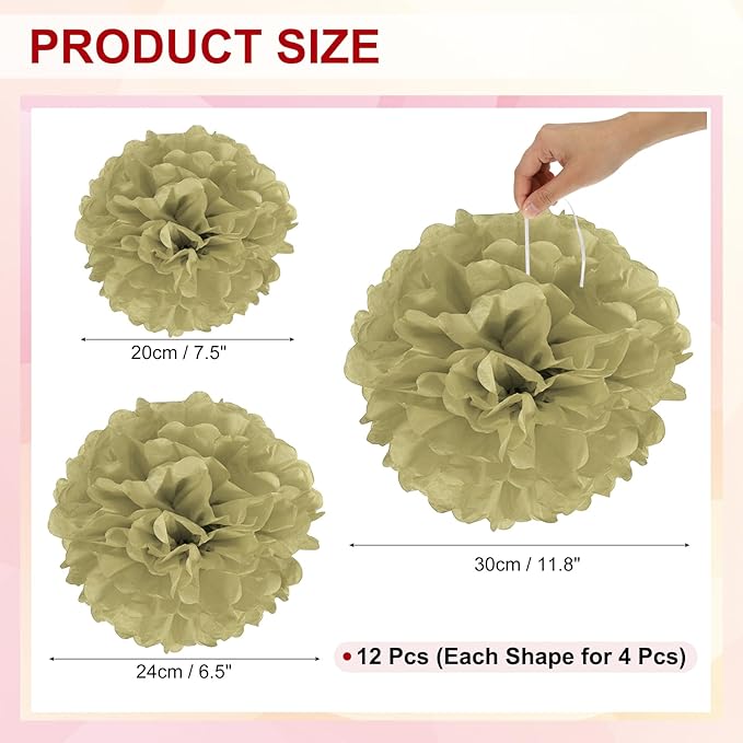 PATIKIL 8" 10" 12" Tissue Paper Pom Poms, 12PCS Pom Poms Paper Flowers Ball Tissue Paper Flowers for Wedding Bridal Shower Birthday Bachelorette Party Backdrop Decoration, Gold
