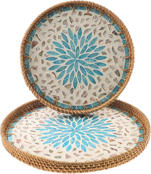 Round Rattan Tray with Mother of Pearl Inlay, Handwoven Wicker Coffee Table Serving Basket Tray for Fruit Snack Party Picnic Cafe Bedroom Kitchen Home Decor Set of 2 (Blue Star)