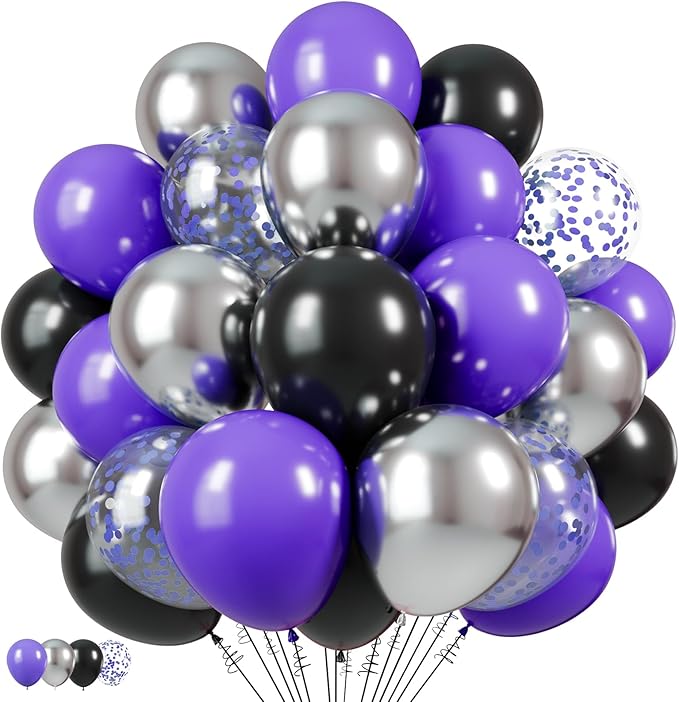 Purple Black Silver Latex Balloons, 65pcs 12 Inches Metallic Silver Purple Confetti Balloons with 1 Ribbon for Halloween, Birthday, Graduation, Anniversary party decorations