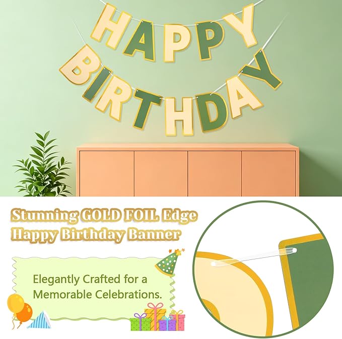Happy Birthday Banner - 9ft Pre-Strung Happy Birthday Sign for Women, Men, Girls, Boys - No DIY Birthday Decorations & Party Supplies(Brown Green)