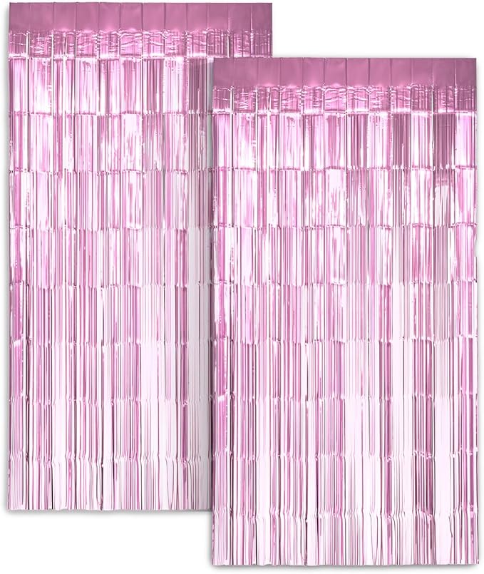 Zink 2 Pack 3.28 Ft x 6.56 Ft Pink Foil Curtain Backdrop - Tinsel Streamers for Photo Booth, Birthday Party, Wedding, Graduation, Holiday Decorations