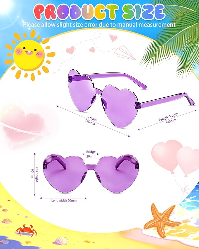 12 Pairs Heart Shaped Sunglasses Candy Color Rimless Fun Heart Glasses for Women Party Favors