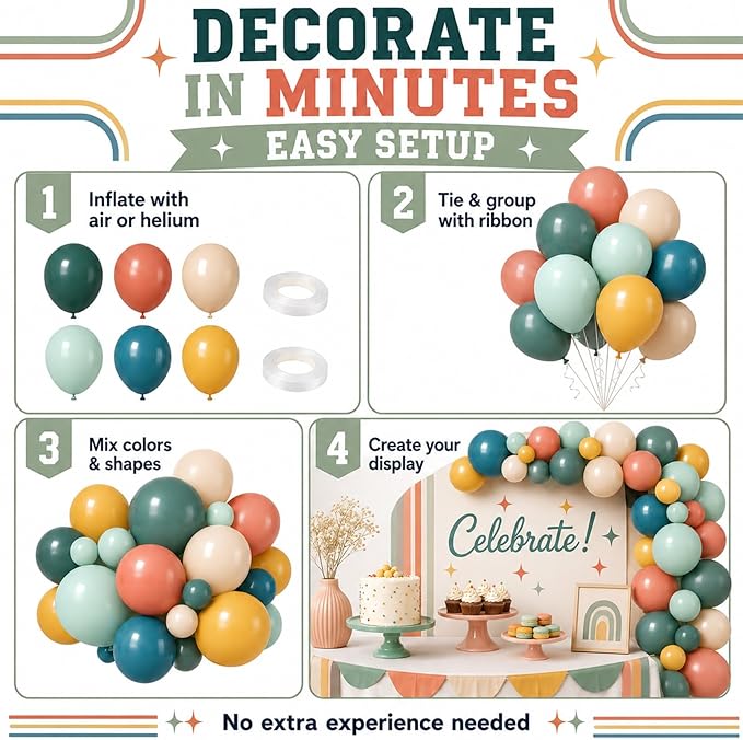 Colorful Balloons, 60Pcs Retro Multicolor Balloon, 12 Inch Latex Vintage Rainbow Balloons for Baby Shower Kids Birthday Party Carnival Graduation School Event Picnic Boho Theme Party Decoration