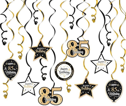 Happy 85th Birthday Black & Gold Glitter Swirls Streamers Party Decorations - 15 Pcs 85th Birthday Hanging Swirls Streamers Kit,Perfect for 85th Bday Party Sign.