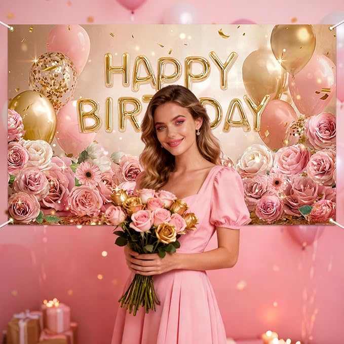 Mocsicka Rose Gold Birthday Backdrop Pink Balloon Floral Decorations for Women Girls Gold Anniversary Party Photography Background (Rose Gold, 70.8 x 43.3 Inch)