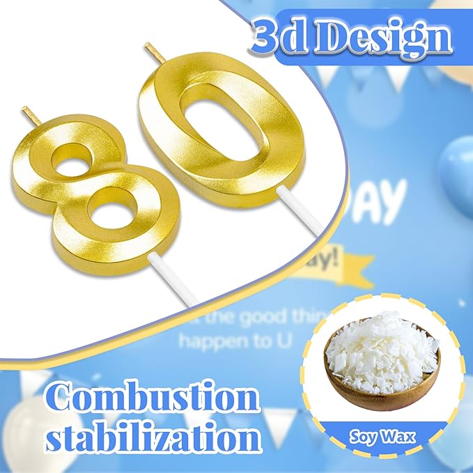 80th Birthday Candles for Cake,Birthday Decorations for Him Her,Number Candles for Cake Toppers Party Anniversary