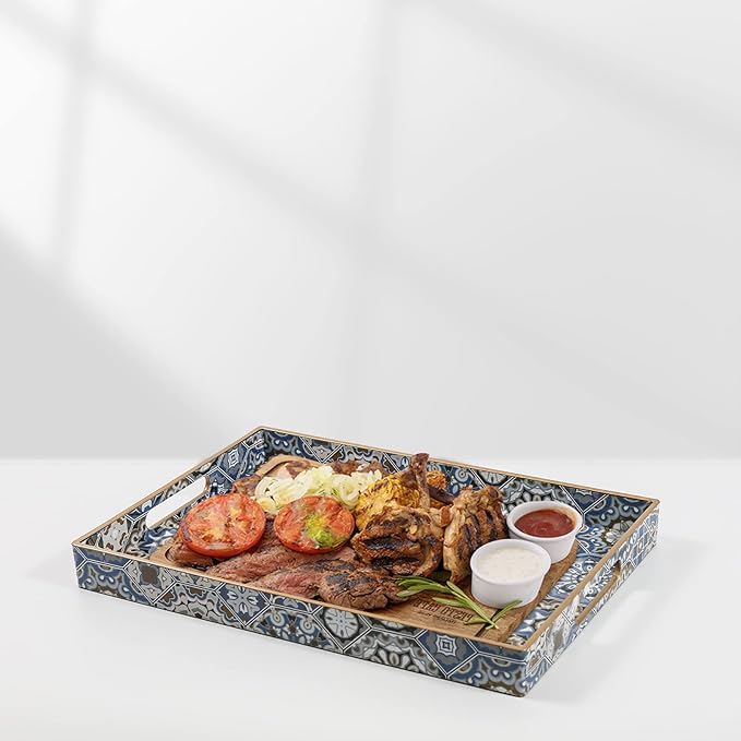 AGIOTA 2 Pcs Serving Tray with Handles Bohemian Decorative Tray Large Ottoman Trays for Living Room Blue Coffee Table Trays for Breakfast