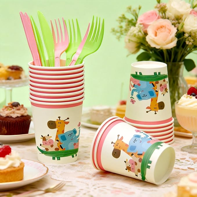 144Pcs Flamingo Animals Birthday Party Supplies Decorations Animal Themed Paper Plates Napkins Vintage Party Tableware Disposable Dinnerware for Girl Kid Birthday Baby Shower Table Decor, Serve 24