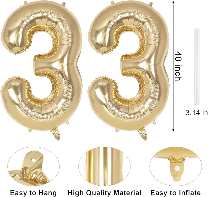 Champagne Gold Large Number 33 Balloon, 40 Inch Light Gold Foil Helium Number Balloons, Giant Mylar Number 33 Balloons for 33 Years Old Birthday Party Anniversary Decorations (Champagne Gold 33)