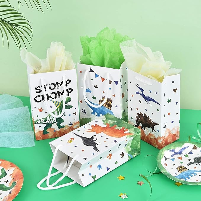 WERNNSAI Watercolor Dinosaur Party Favor Bags - 16 Pack Dinosaur Birthday Party Goodies Bag for Boys Kids Dino Birthday Favors Dino Candy Treat Bag with Handle for Baby Shower Celebration Supply