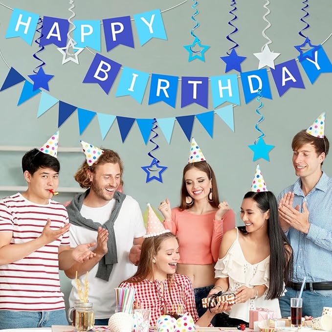 Blue Birthday Party Decorations, Happy Birthday Banner Triangle Flag Bunting Banner Garland 8PCS Glitter Star Hanging Swirls Streamers Birthdays Banner Sign Boys Girls Women Men Blue Party Supplies