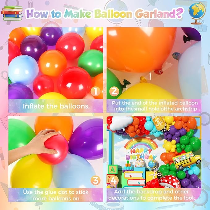 Rainbow Balloon Arch Garland Kit 173Pcs, Back to School Balloon with School Bus Pencil ABC Mushroom Cloud Foil Balloons for Watermelon Birthday Back to School Kindergarten Graduation Decor