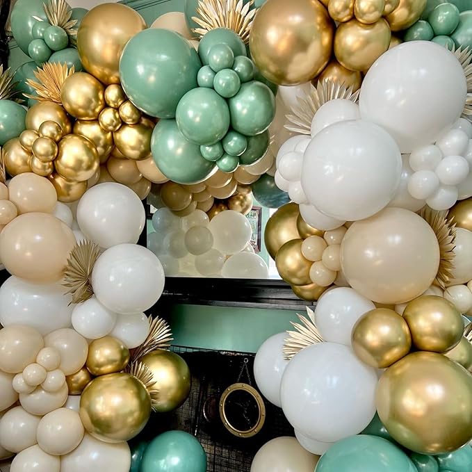 Paready Sage Green Gold Balloons, 60 Pcs 12 Inch Retro Green and Metallic Gold Confetti Balloons, Retro Avocado Party Balloons for Jungle Birthday Baby Shower Animal Wild Theme Decoration Wedding