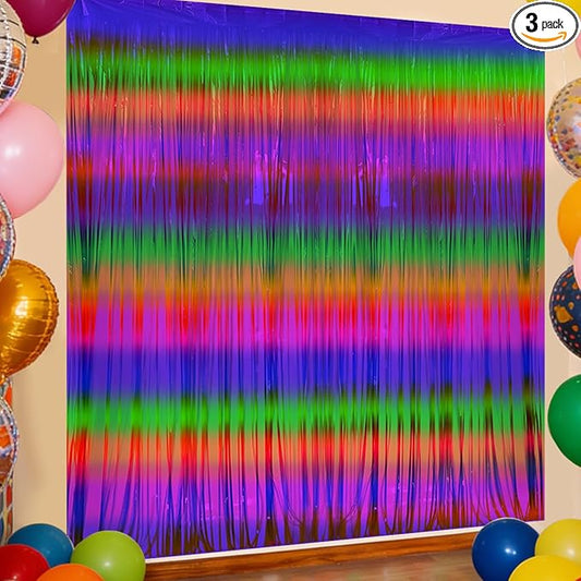 3 Pack Glow in The Dark Party Supplies 3.28x6.56Ft Rainbow Macaron Blacklight Reactive Fluorescent Foil Fringe Curtain for Glow Party,Photo Booth Prop Backdrop Streamer,Neon Party Decorations