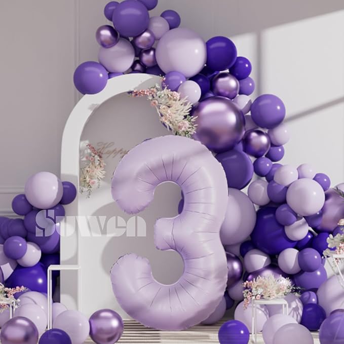 SUWEN 40 Inch Light Purple Large 3 Balloon Number Big Foil Helium Lavender Number Balloons Huge Mylar 0-9 Giant Jumbo Happy 3rd Birthday Party Anniversary Decorations