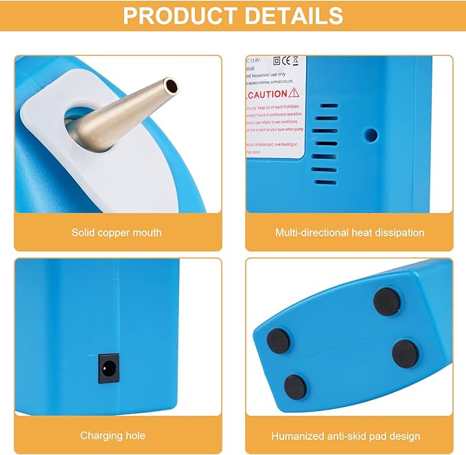 Electric Balloon Inflator Rechargeable Balloon Pump Long Balloon Air Inflator Portable Balloon Air Pump with 2 Nozzles for Birthday Party Decoration (Blue)
