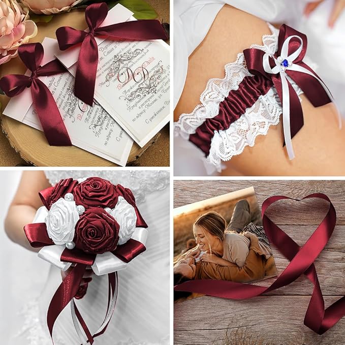 4 Rolls Burgundy Satin Ribbon - 1in x 25yd, Dark Red Silk for Weddings, Birthdays & Gift Baskets