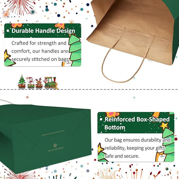 BagDream Forest Green Gift Bags with Handles 5.25x3x8 Inch 25Pcs Small Kraft Paper Gift Bags for Christmas, Thanksgiving, Craft, Outings, Party Favors, Retail, Grocery, Recyclable