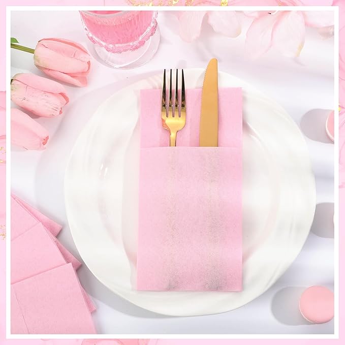 120 Pcs Pink Linen-Feel Paper Napkins with Built-in Flatware Pocket, Pocket Linen Napkin Prefolded Cloth Like Paper Napkins Bulk for Girls Birthday Baby Bridal Shower Tea Party Wedding
