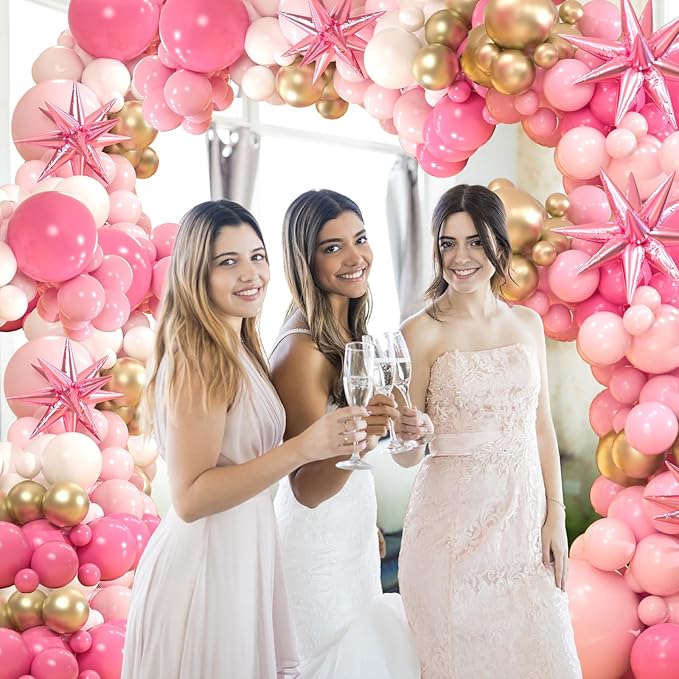 161pcs Pink Balloons Arch Kit, Pastel Macaron Pink and Gold White With 3pcs Starburst Foil Balloons for Birthday Baby Shower Bridal Shower Wedding Valentine’s Party Decorations
