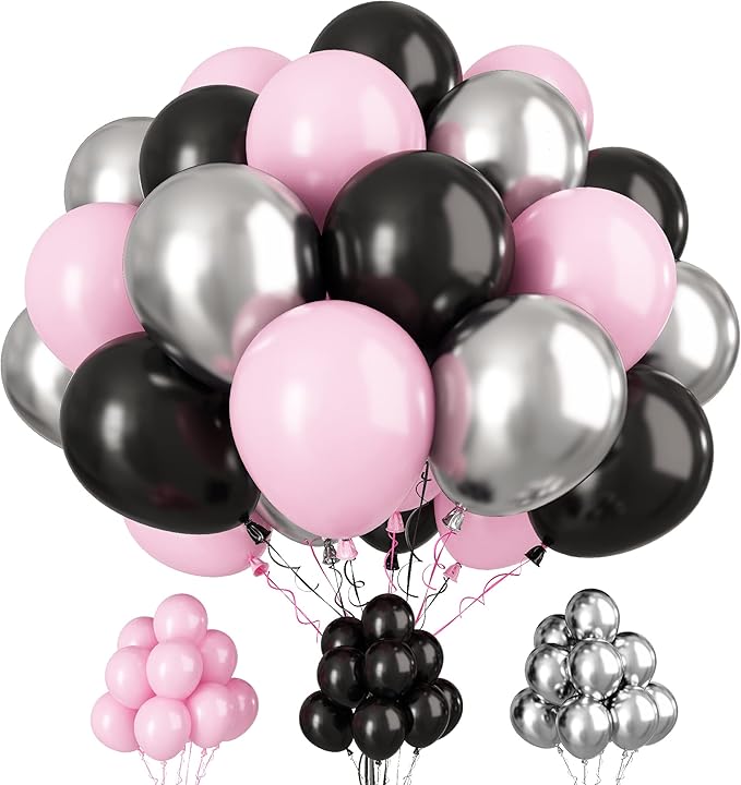 Paready Pink and Black Balloons, 30 Pcs 12 Inch Pastel Pink and Metallic Silver Latex Balloons for Birthday Baby Shower Engagement Anniversary Wedding Bridal Shower Party Graduation Decoration