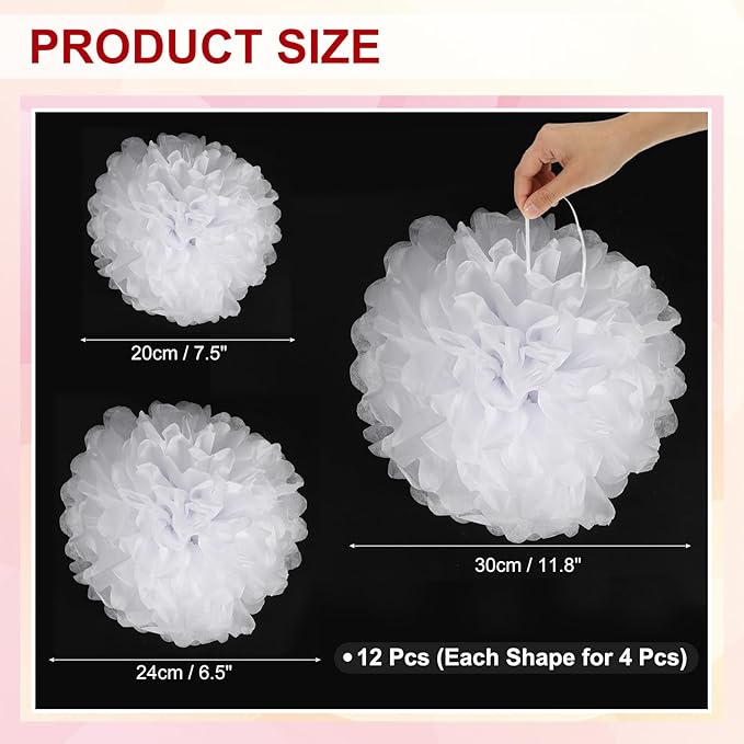 PATIKIL 8" 10" 12" Tissue Paper Pom Poms, 12PCS Pom Poms Paper Flowers Ball Tissue Paper Flowers Assorted Size for Wedding Bridal Shower Birthday Party Backdrop Decoration, White