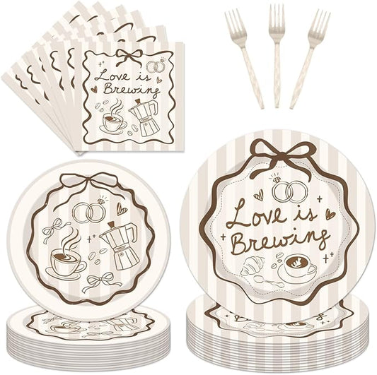 96Pcs Love Is Brewing Bridal Shower Plates Napkins Sets Love is Brewing Coffee Party Decorations Supplies Tableware with Plates Napkins Forks for Wedding Engagement Bachelorette Party Serves 24 Guests
