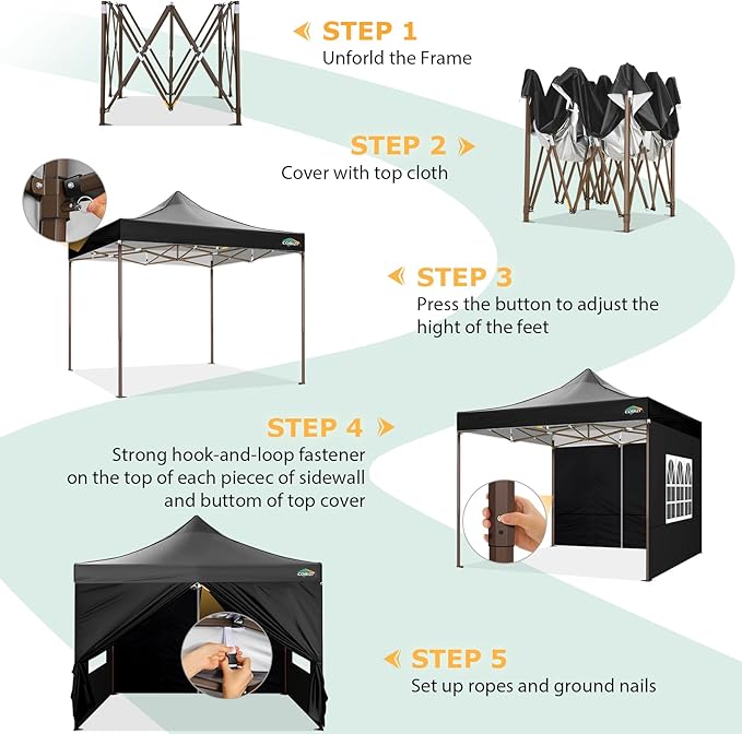 COBIZI 10x10 Pop Up Heavy Duty Canopy with 4 Sidewalls and Hexagonal Legs, Easy up Tent for Events, Parties, Camping, Outdoor Canopy with Portable Bag, Waterproof & UPF50+ (Black)