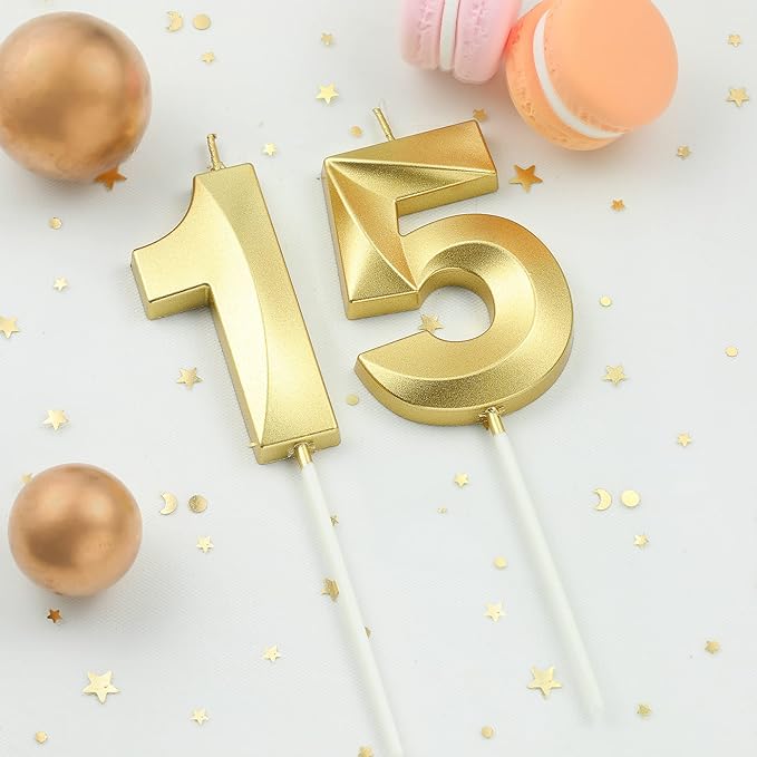 2.76 Inch Diamond Gold 15 Number Birthday Candles, Gold Number Candles, Cake Number Candles, Party Celebration