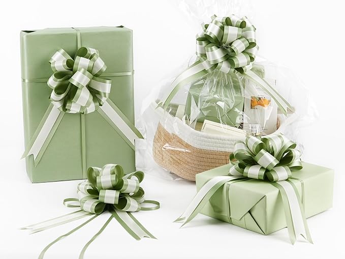 HUIHUANG Sage Green Pull Bows for Gift Wrapping 12 PCS Sage and Ivory Double Layer Satin Pull Bows 6" x 10" Gift Bow for Presents, Gift Basket, Birthday Baby Shower Wedding Party Decor